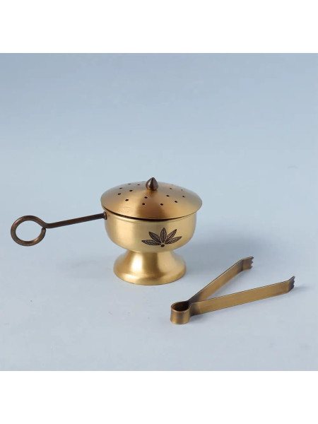 Латунная курительница с щипцами, Иша Лайф; Brass Gold Fumer with Tongs, Isha Life