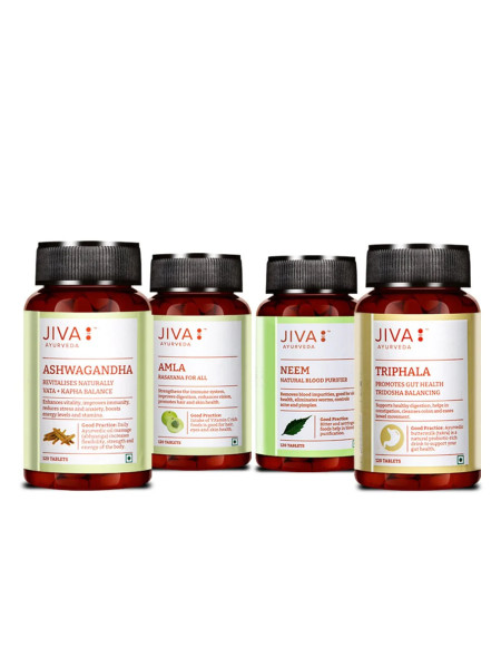 Большой набор для иммунитета: Ашвагандха, Амла, Ним, Трифала по 120 таблеток, Джива Аюрведа; Set for immunity: Ashwagandha, Amla, Neem, Triphala 120 tablets, Jiva Ayurveda
