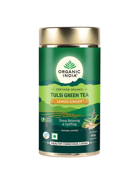 Зеленый чай тулси с лимоном и имбирем, 100 г, Органик Индия; Tulsi Green Tea with Lemon and Ginger, 100 g, Organic India