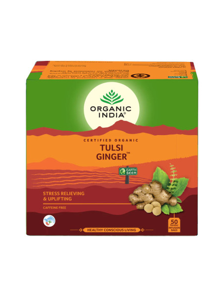 Чай туласи с имбирем, 50 пакетиков, Органик Индия; Tulsi Tea with Ginger, 50 bags, Organic India
