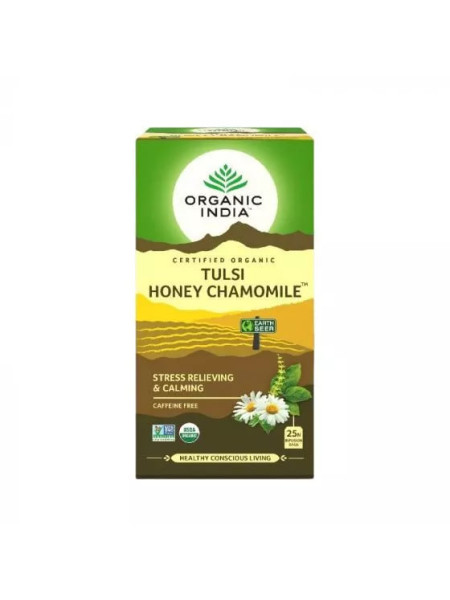 Чай тулси с медом и ромашкой, 25 пакетиков, Органик Индия; Tulsi Tea with Honey and Chamomile, 25 Tea Bags, Organic India