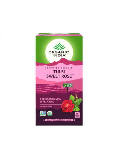 Чай тулси с розой, 25 пакетиков, Органик Индия; Tulsi Rose Tea, 25 Tea Bags, Organic India