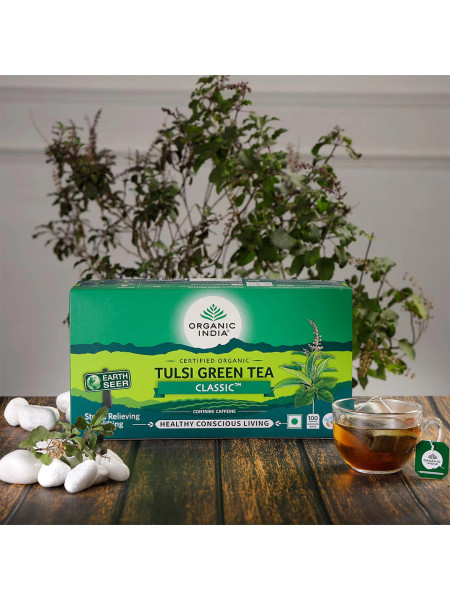 Чай тулси зеленый с бергамотом, 100 пакетиков, Органик Индия; Tulsi Green Tea Earl Grey, 100 sachets, Organic India