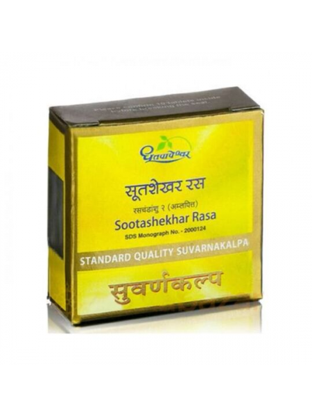 Аюрведа с золотом: лечение ЖКТ Суташекхар Раса, 10 таб., Стандарт, производитель "Дхутапапешвар", Aurveda with Gold, Sootashekhar Rasa, 10 tabs., Standard quality, Dhootapapeshwar